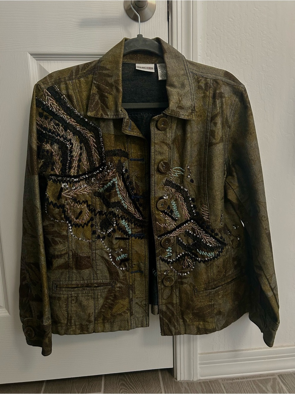 Chico's Olive Green Embroidered Button-Front Jean Jacket